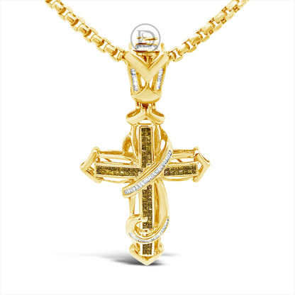Yellow Diamond Cross Pendant 1.58 CTW Princess Cut w/ Baguettes 14K Yellow Gold