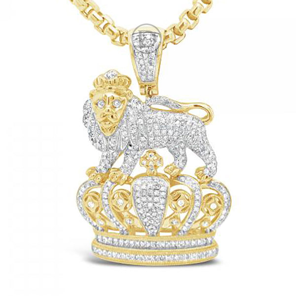 Diamond King Lion Pendant 1.80 CTW Round Cut 10K Yellow Gold