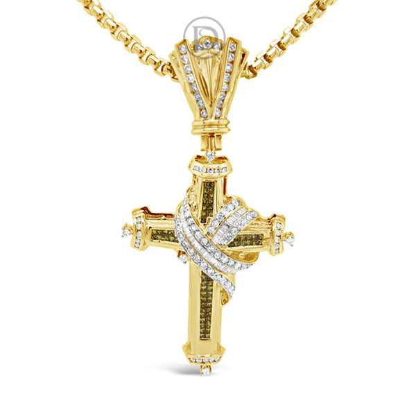 Yellow Diamond Cross Pendant 3.08 CTW Princess & Round Cut w/ Baguettes 14K Yellow Gold