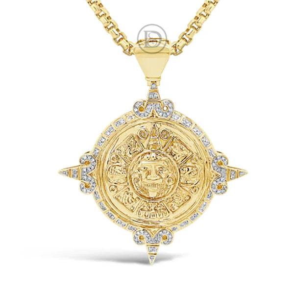 Diamond Aztec Calender Pendant .43 CTW Round Cut 10K Yellow Gold