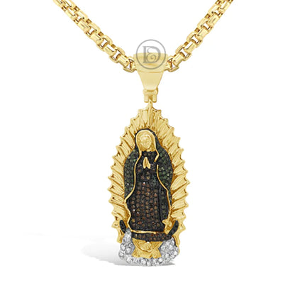 Green & Red Diamond Virgin Mary Pendant .89 CTW Round Cut 10K Yellow Gold