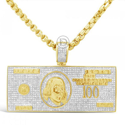 Diamond One Hundred Dollar Bill Pendant 1.86 CTW Round Cut 10K Yellow Gold