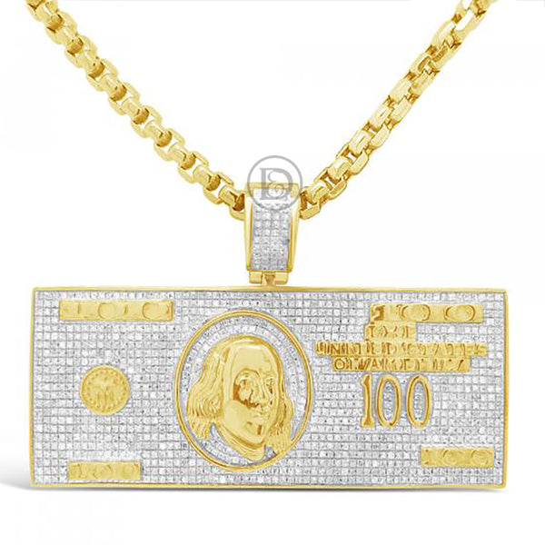 Diamond One Hundred Dollar Bill Pendant 1.86 CTW Round Cut 10K Yellow Gold