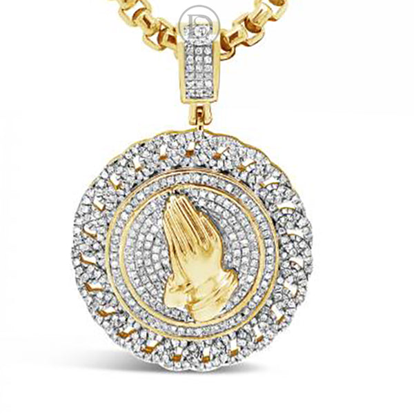 Praying Hands Diamond Cuban Link Pendant 1.86 CTW Round Cut 10K Yellow Gold