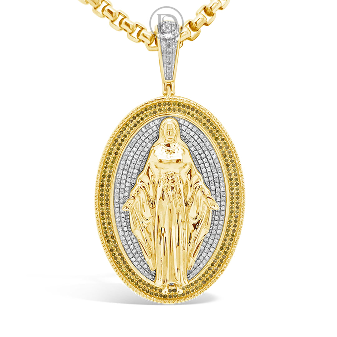 Yellow Diamond Virgin Mary Pendant .59 CTW Round Cut 10K Yellow Gold
