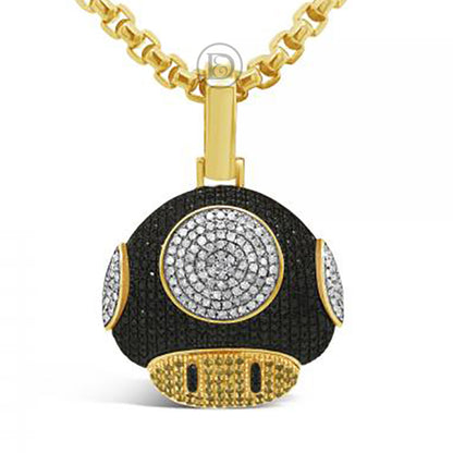Black Super Mushroom Diamond Pendant 1.39 CTW Round Cut 10K Yellow Gold