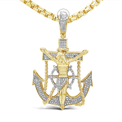 Diamond Jesus Anchor Pendant .55 CTW Round Cut 10K Yellow Gold