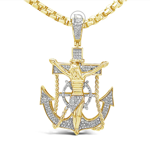 Diamond Jesus Anchor Pendant .55 CTW Round Cut 10K Yellow Gold