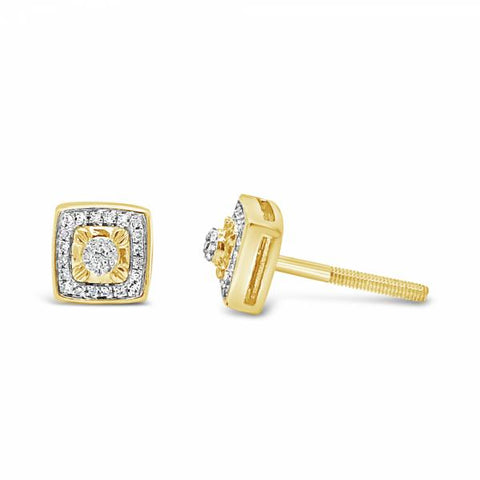 10K Yellow Gold .09ct Diamond Square Earrings w/ 3D Detailing