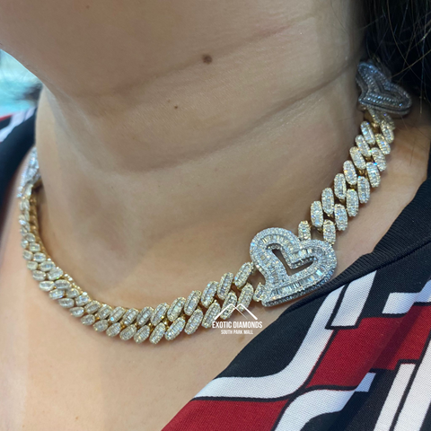 Miami Cuban Link Diamond Necklace with Hearts set with Round and Baguette Diamonds in Yellow Gold