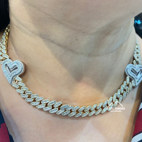 Miami Cuban Link Diamond Necklace with Hearts set with Round and Baguette Diamonds in Yellow Gold