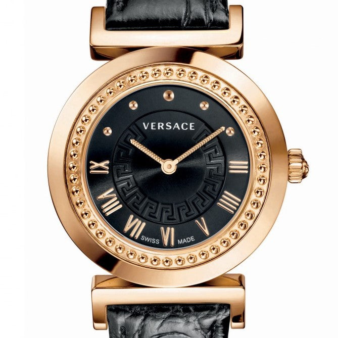 Black Sunray Versace Vanity Watch w/ Black Crocodile pattern Calf Strap w/ Medusa Studs