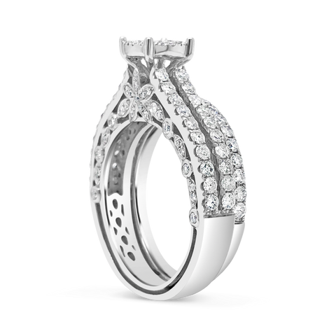 Diamond Halo Engagement Ring 1.58 CTW White Gold Bridal Set