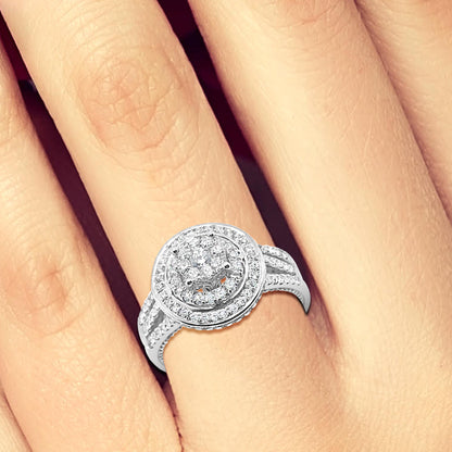 Diamond Halo Engagement Ring .78 CTW Round Cut 14K White Gold Bridal Set