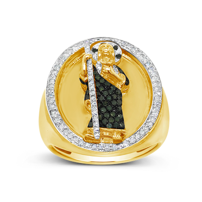 Green & White Diamond St. Jude Ring .70 CTW Round Cut 10K Yellow Gold