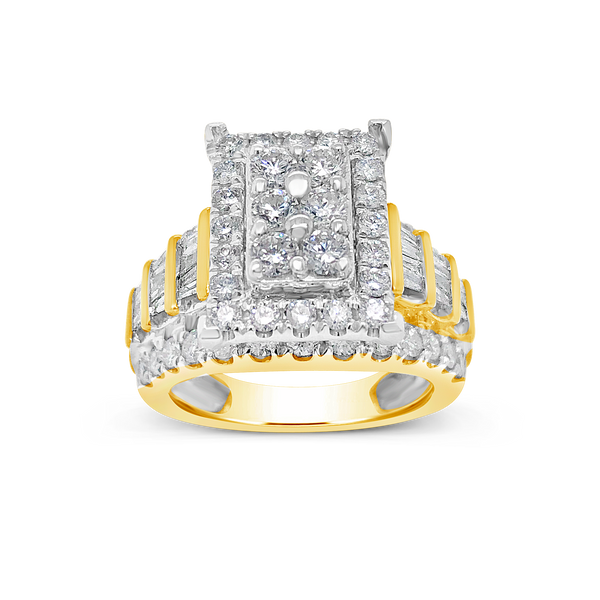 Diamond Halo Ring 2.11 CTW Round Cut w/ Baguettes 10K Yellow Gold