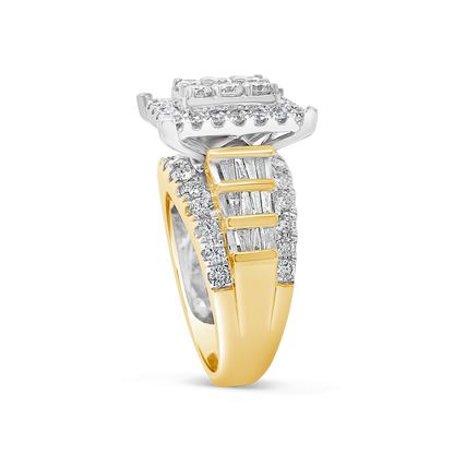 Diamond Halo Ring 2.11 CTW Round Cut w/ Baguettes 10K Yellow Gold