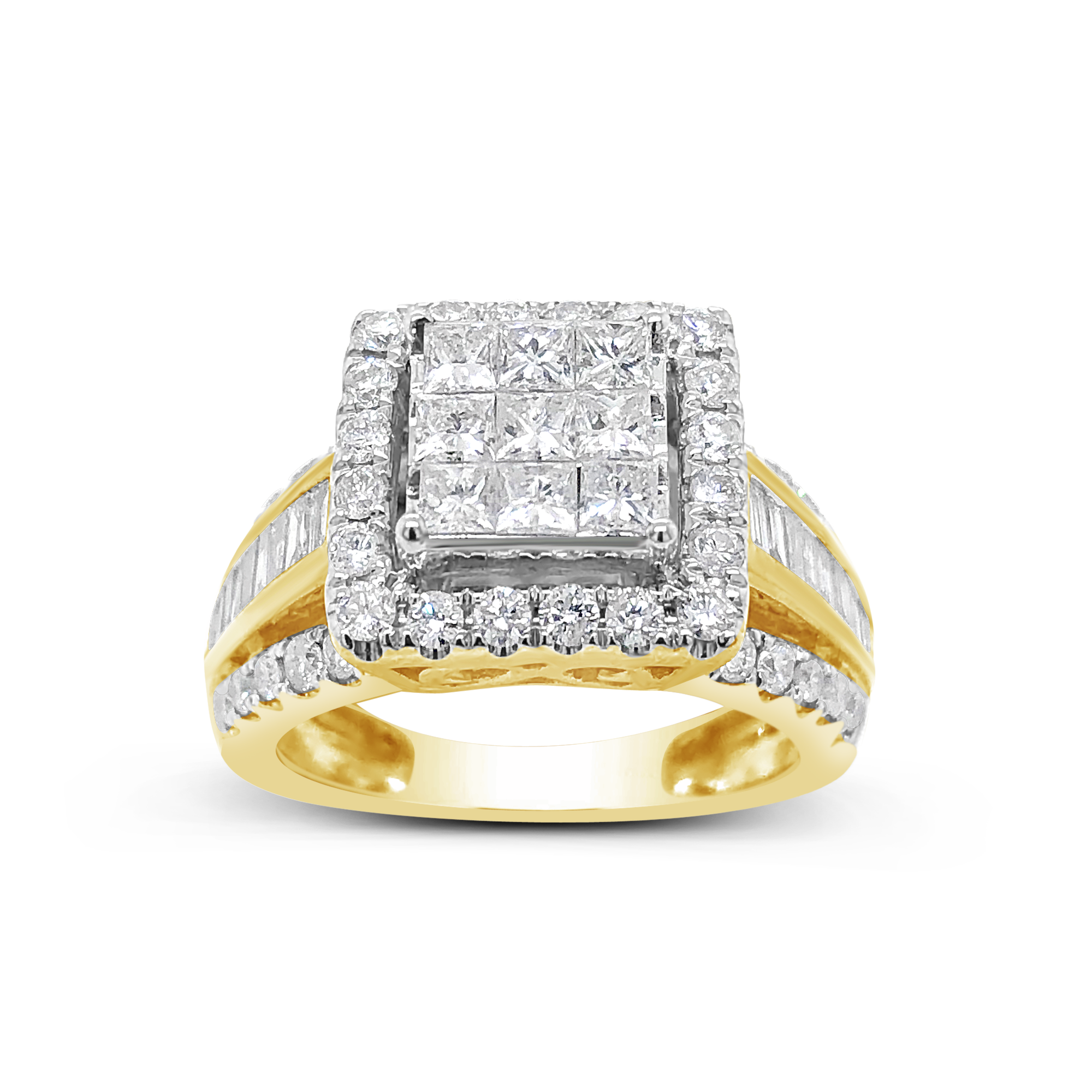 Diamond Halo Ring 1.80 CTW Princess Cut w/Baguettes & Round Cut 10K Yellow Gold