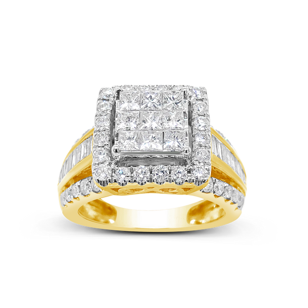 Diamond Halo Ring 1.80 CTW Princess Cut w/Baguettes & Round Cut 10K Yellow Gold