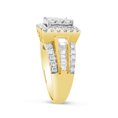Diamond Halo Ring 1.80 CTW Princess Cut w/Baguettes & Round Cut 10K Yellow Gold