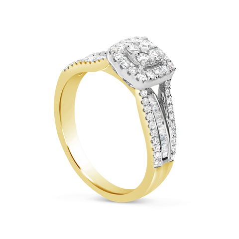 Diamond Halo Engagement Ring .50 CTW Round w/ Baguette Cut 10K Yellow Gold