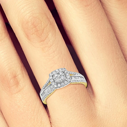 Diamond Halo Engagement Ring .50 CTW Round w/ Baguette Cut 10K Yellow Gold