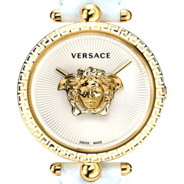 White Sunray Versace Palazzo Empire Yellow Gold Watch w/ 3D Medusa & Black Calf Leather Strap