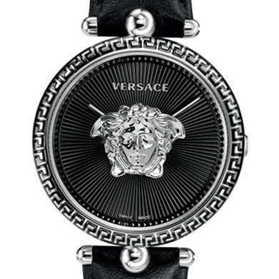 Black Sunray Versace Palazzo Empire Stainless Steal Watch w/ 3d Medusa & Black Calf Leather Strap