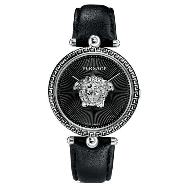 Black Sunray Versace Palazzo Empire Stainless Steal Watch w/ 3d Medusa & Black Calf Leather Strap