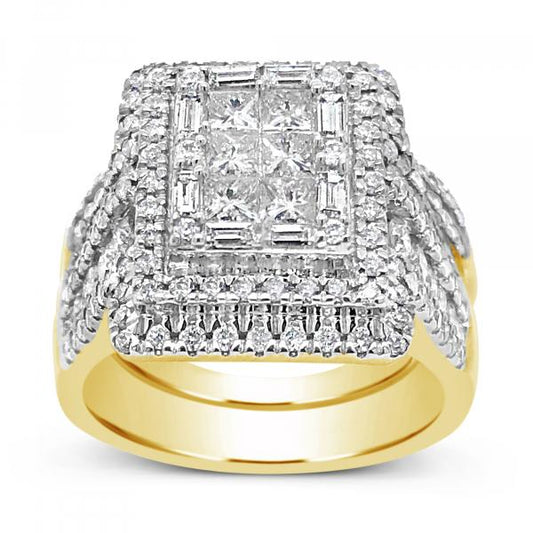 Diamond Halo Ring 2 CTW Princess Cut w/ Round Cut & Baguettes 14K Yellow Gold